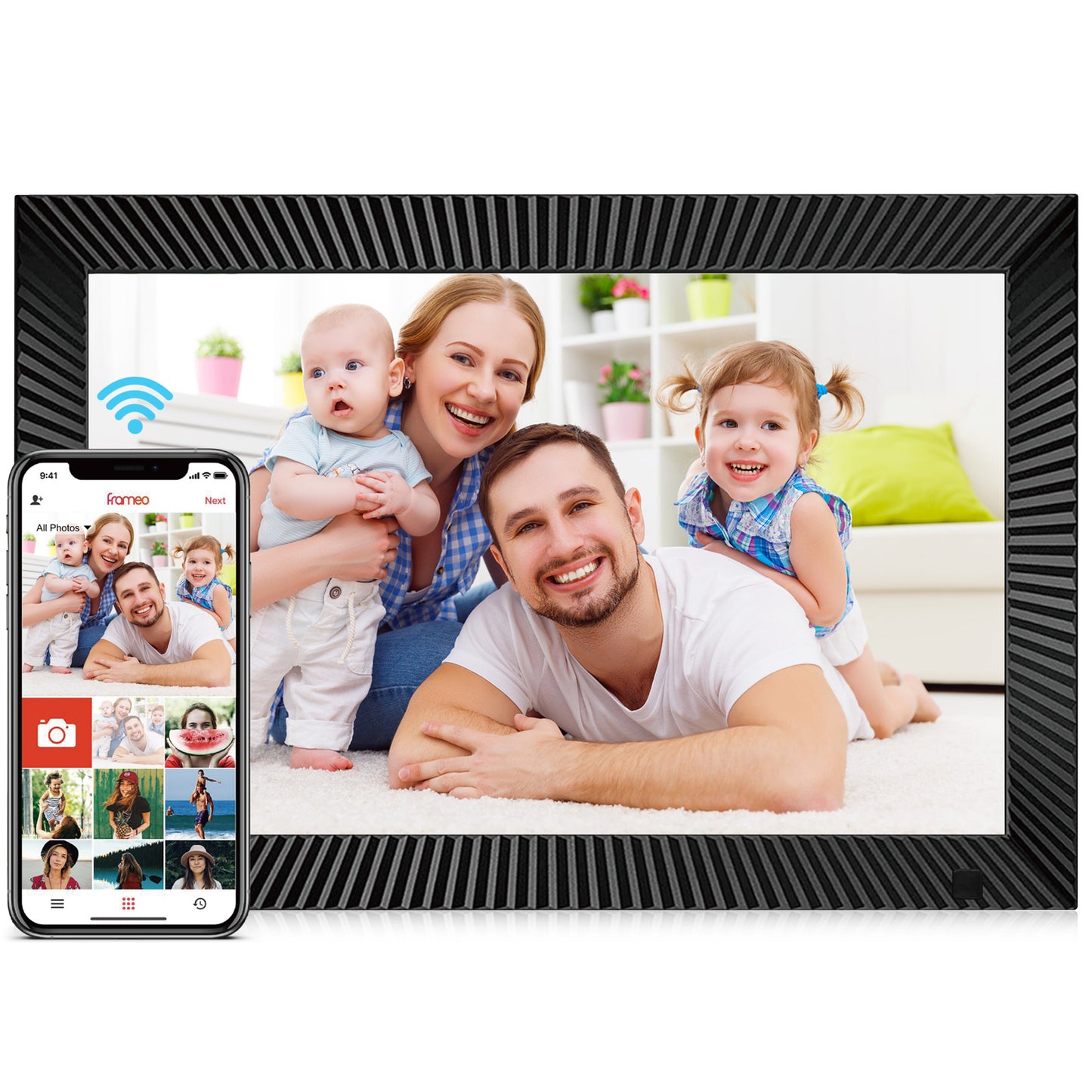 32GB FRAMEO Digital Picture Frame 10.1 Inch WiFi Digital Photo Frame 1280x800 HD Display with Motion Sensors Easy Setup to Share Photos or Videos Anywhere via Frameo APP Auto-Rotate Wall-mountable