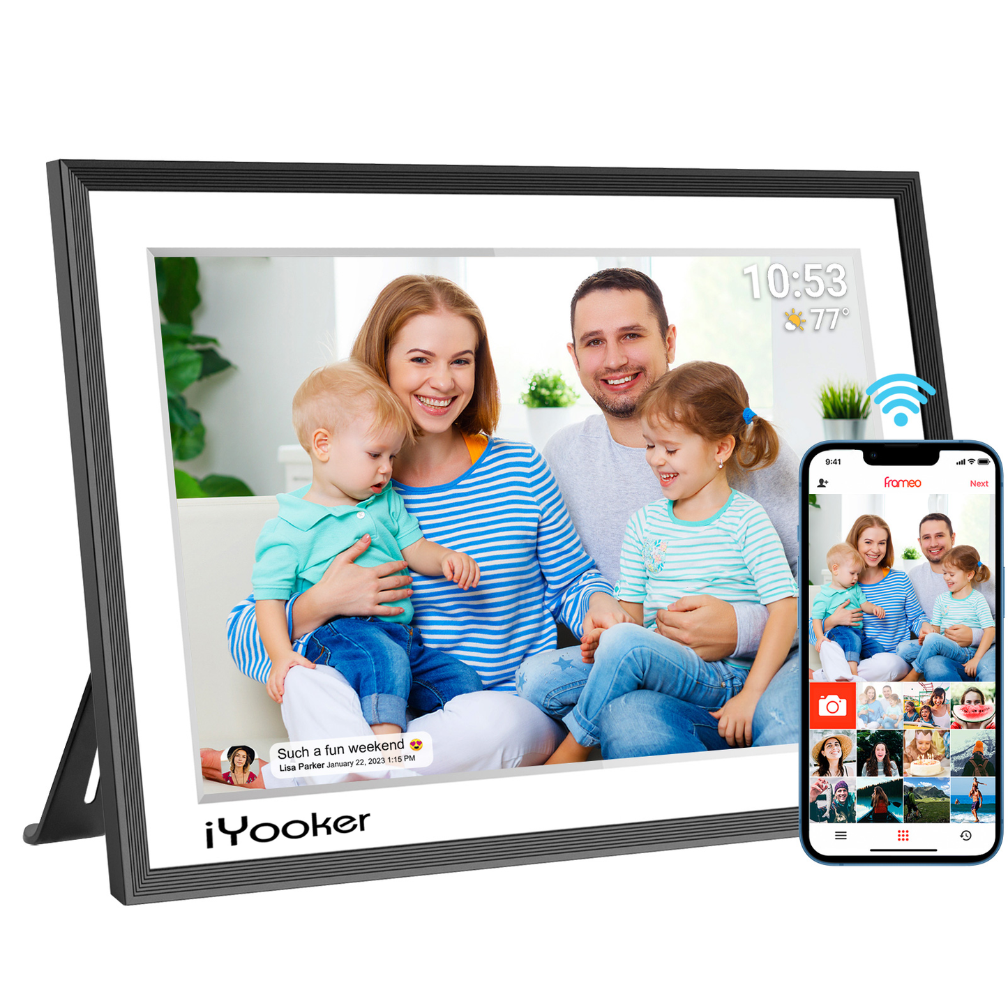 iYooker 𝟯𝟮𝗚𝗕 FRAMEO Digital Photo Frame, 10.1-Inch WiFi Digital Picture Frame with 1280x800 IPS FHD Touch Screen, Wall Mountable Auto-Rotate Micro SD, Easy Share Photos/Videos via Frameo from Anywhere