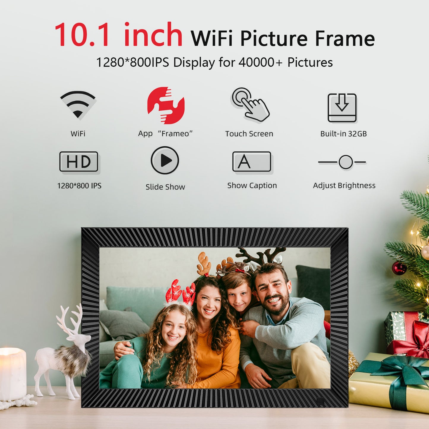 32GB FRAMEO Digital Picture Frame 10.1 Inch WiFi Digital Photo Frame 1280x800 HD Display with Motion Sensors Easy Setup to Share Photos or Videos Anywhere via Frameo APP Auto-Rotate Wall-mountable