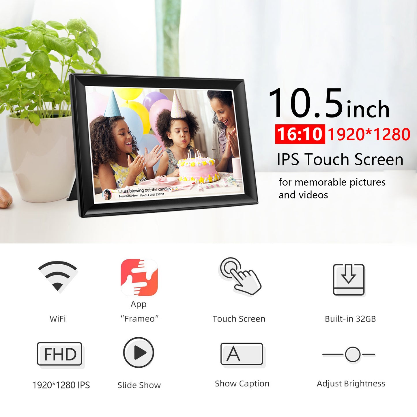 FRAMEO 10.5 Inch Smart WiFi Digital Photo Frame 1920x1280 FHD IPS LCD Touch Screen, Auto-Rotate, 32GB Storage, Support SD Card & USB Drive, Share Moments Instantly via Frameo App from Anywhere