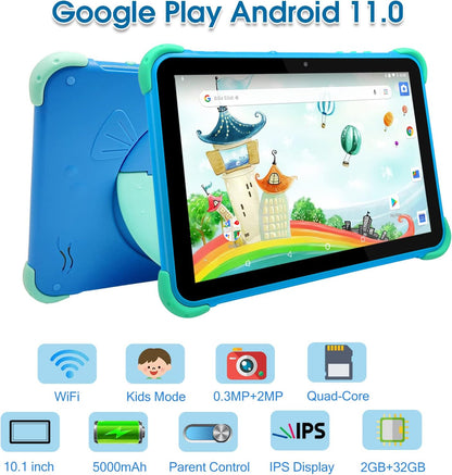 Kids Tablet 10 inch Tablet for Kids Android 11.0 WiFi Kids Tablets for Toddlers, 2GB RAM 32GB ROM, Quad Core Processor, 1280x800 IPS, Parental Control, GMS, Dual Cameras, WiFi, Bluetooth for Kids