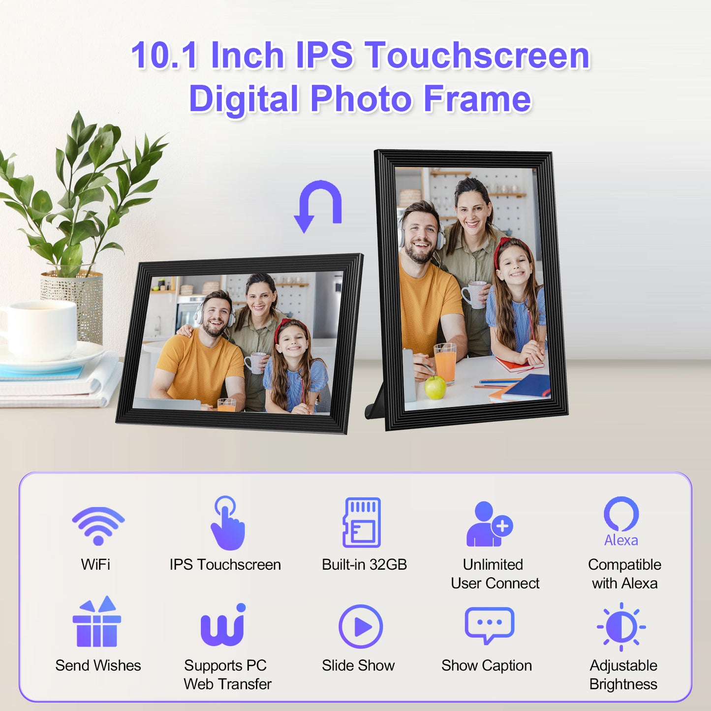 Smart Digital Photo Frame, 10.1 Inch WiFi Digital Picture Frame with 1280x800 IPS Touch Screen, Built-in 32GB Storage, Auto-Rotate, Easy to Share Photos or Videos at Anywhere in The World via App