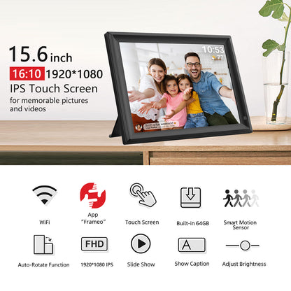 FRAMEO 15.6 Inch Large WiFi Digital Photo Frame with Touch Screen, 1920x1080 FHD, Built-in 64GB Storage, Motion Sensor, Wall Mountable, Auto-Rotate, Easy to Share Photos or Videos via Frameo (Black)