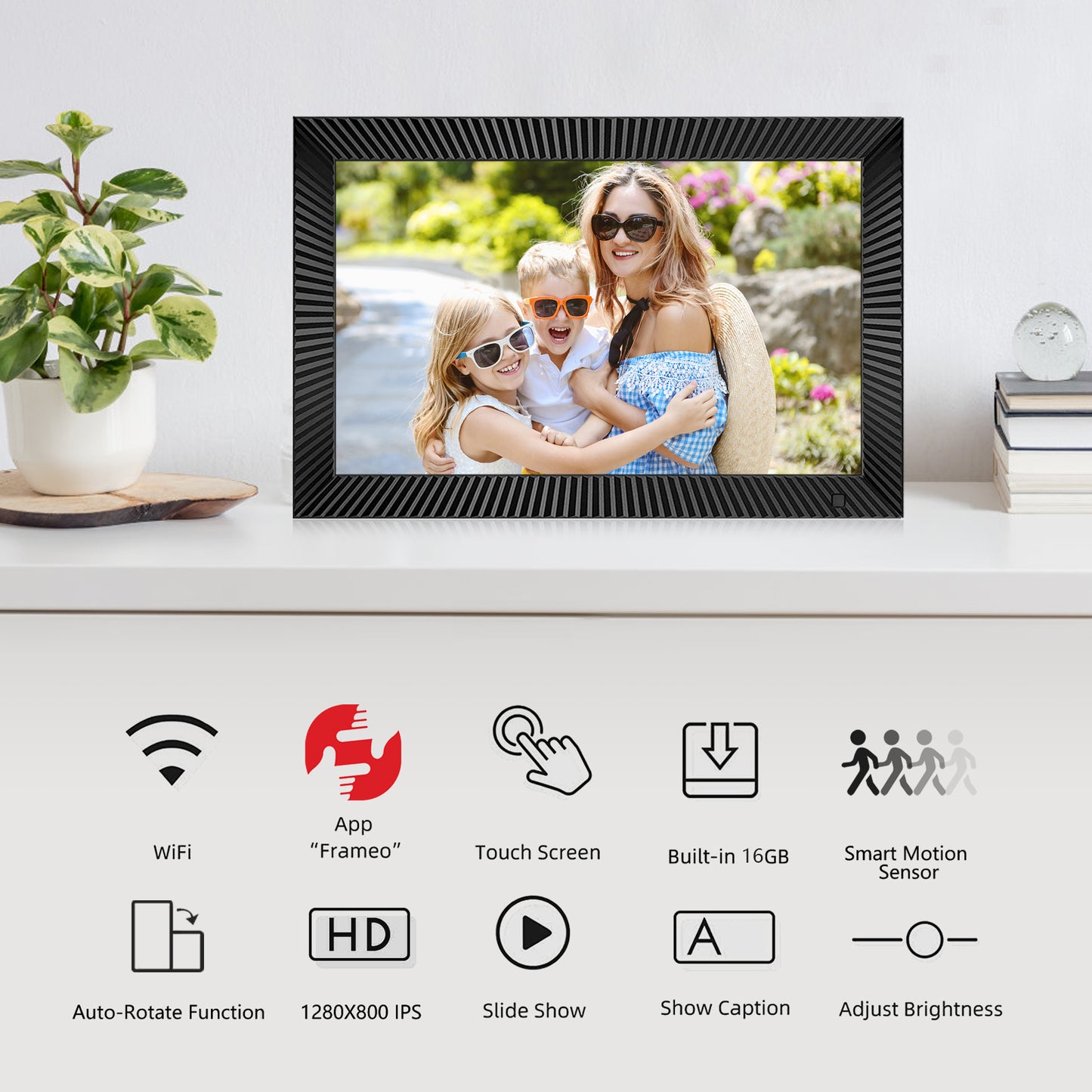 FRAMEO 10.1 inch WiFi Digital Picture Frame with Internal Storage Smart Digital Photo Frame with IPS Touch Screen 1280x800 HD Electronic Picture Frame Share Photos and Videos Instantly via Frameo APP