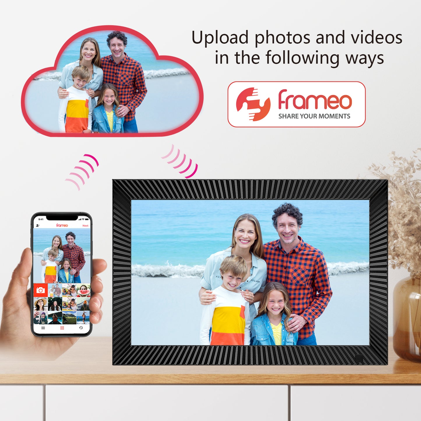 32GB FRAMEO Digital Picture Frame 10.1 Inch WiFi Digital Photo Frame 1280x800 HD Display with Motion Sensors Easy Setup to Share Photos or Videos Anywhere via Frameo APP Auto-Rotate Wall-mountable