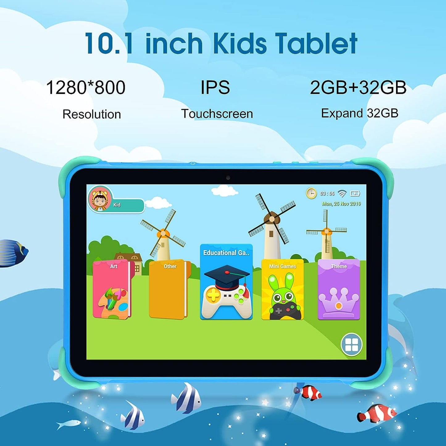 Kids Tablet 10 inch Tablet for Kids Android 11.0 WiFi Kids Tablets for Toddlers, 2GB RAM 32GB ROM, Quad Core Processor, 1280x800 IPS, Parental Control, GMS, Dual Cameras, WiFi, Bluetooth for Kids