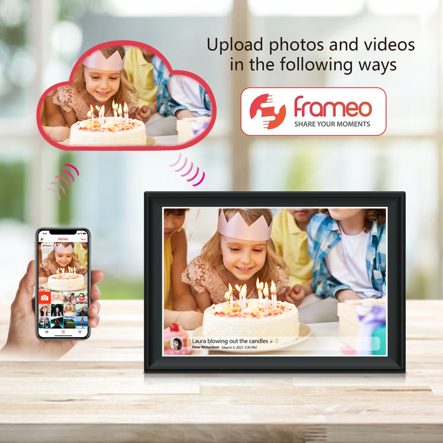 FRAMEO 10.5 Inch Smart WiFi Digital Photo Frame 1920x1280 FHD IPS LCD Touch Screen, Auto-Rotate, 32GB Storage, Support SD Card & USB Drive, Share Moments Instantly via Frameo App from Anywhere