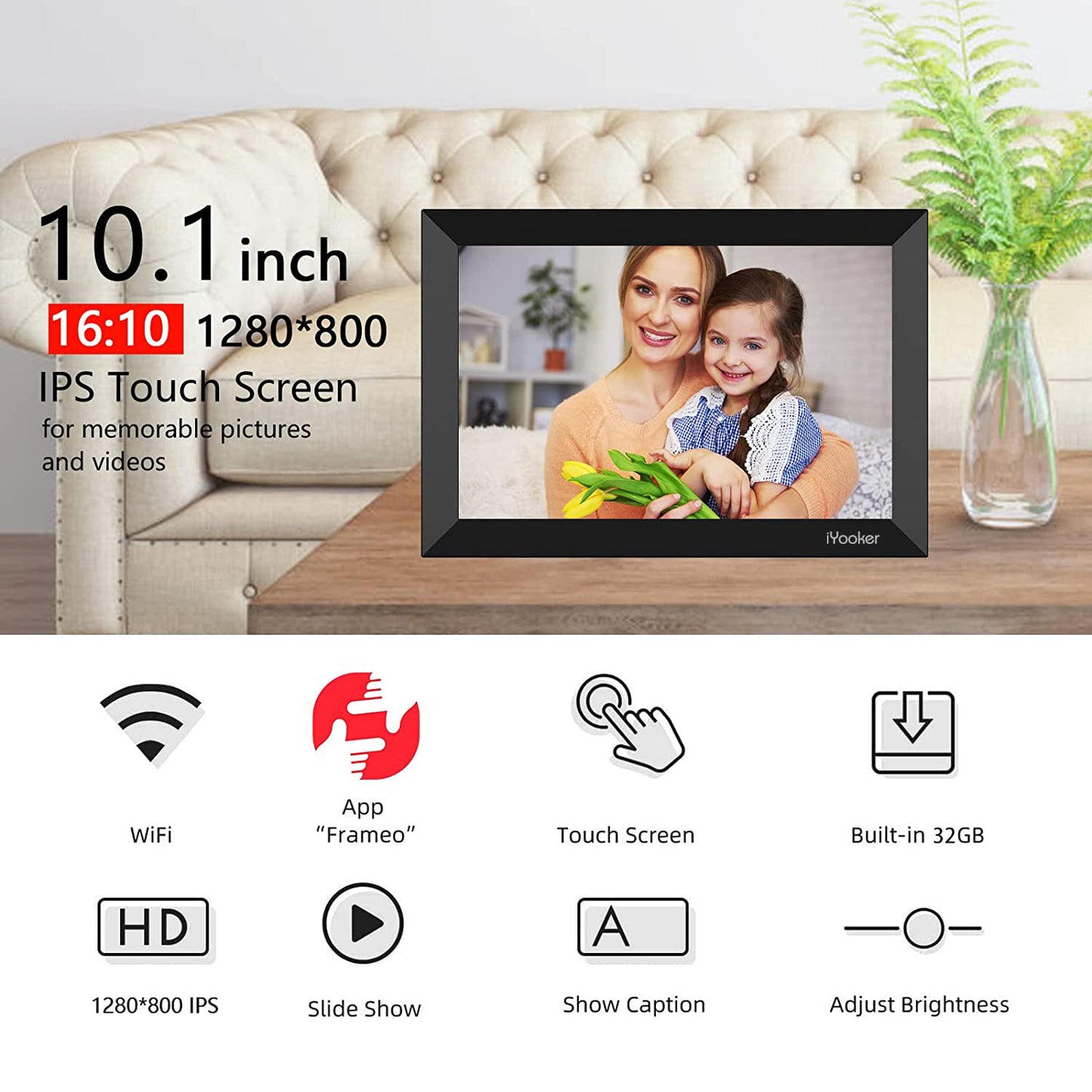 iYooker Digital Photo Frame, 10.1 Inch WiFi Digital Picture Frame with 1280x800 IPS HD Touch Screen, 32GB Storage Auto-Rotate Wall Mountable Easy Share Photos or Videos via Frameo App from Anywhere