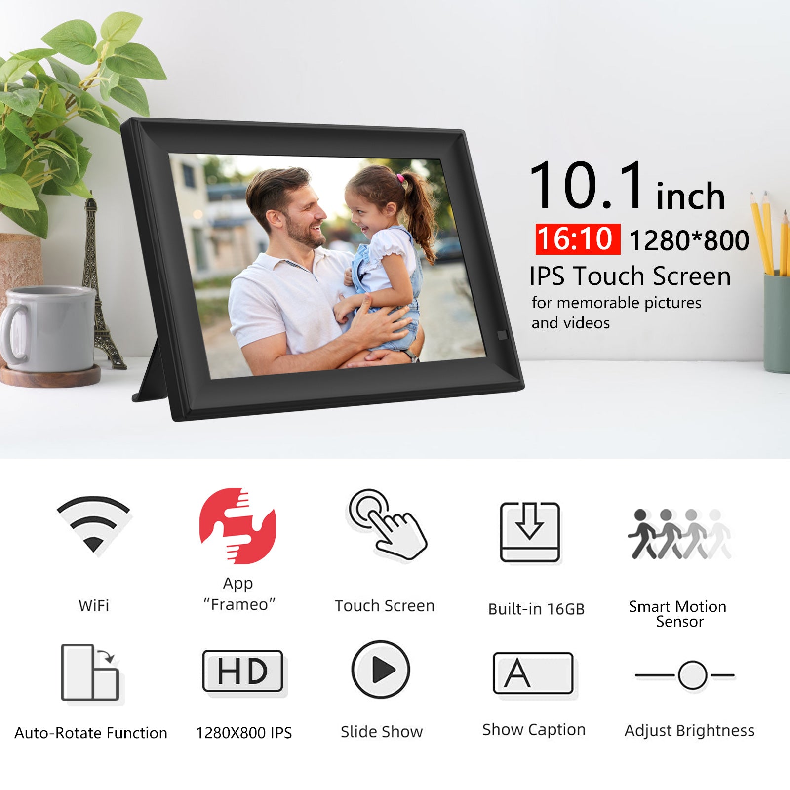 FRAMEO 10.1 Inch Smart WiFi Digital Photo Frame 1280x800 HD IPS LCD Touch  Screen, Auto-Rotate, Motion Sensor, Built in 16GB Memory, Share Moments ...