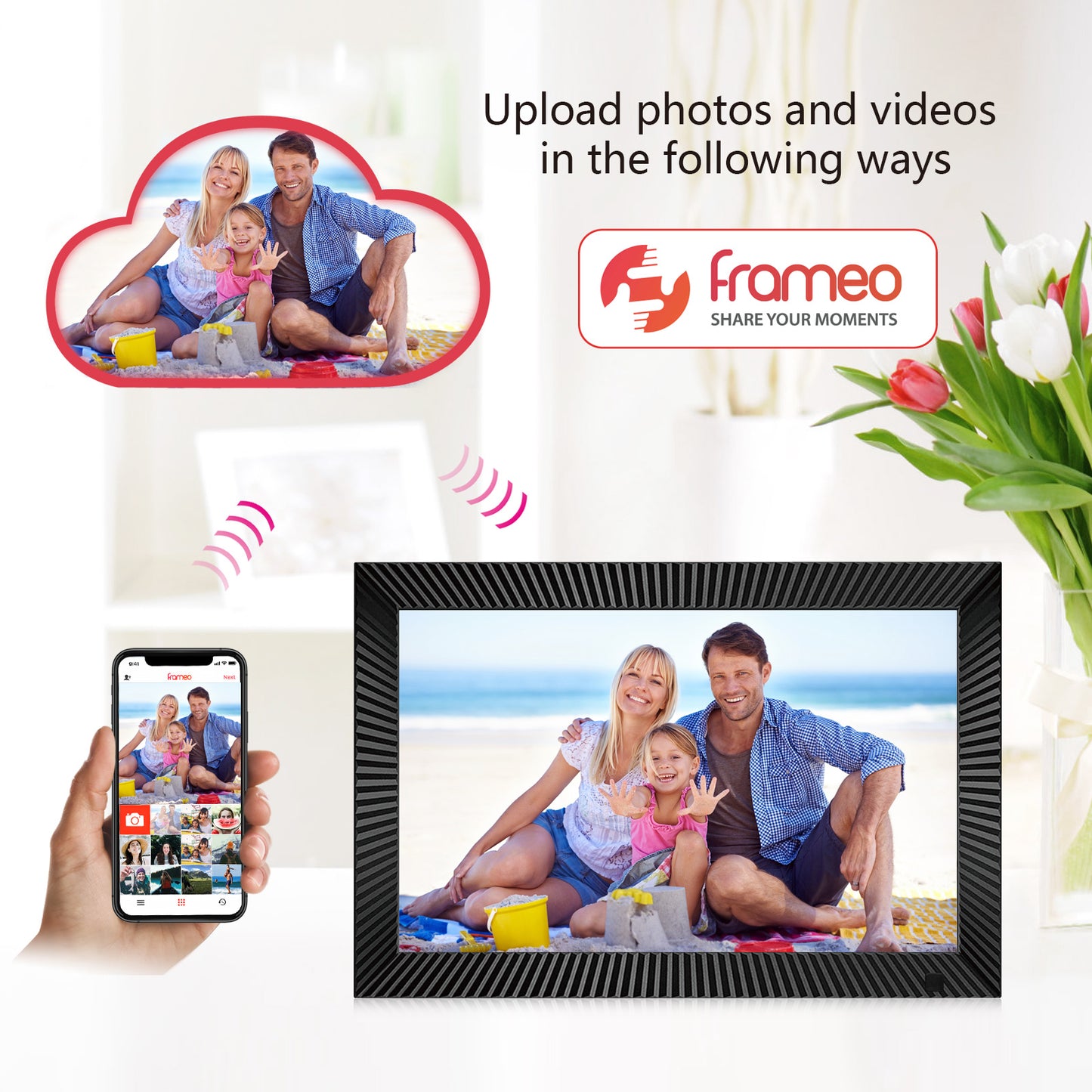 FRAMEO 10.1 Inch Smart WiFi Digital Photo Frame 1280x800 IPS LCD Touch Screen, Auto-Rotate, Motion Sensor, Built in 16GB Memory, Share Moments Instantly via Frameo App from Anywhere