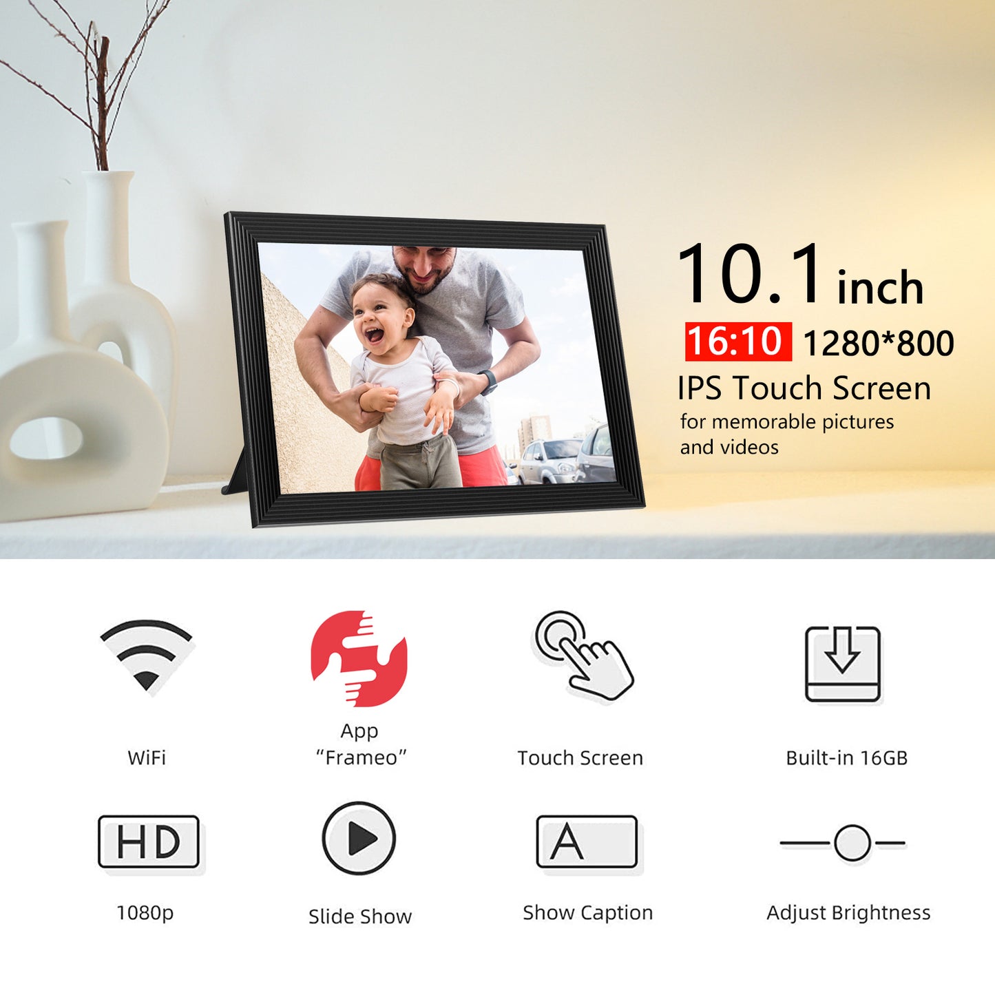 FRAMEO 10.1 Inch Smart WiFi Digital Photo Frame 1280x800 IPS LCD Touch Screen, Auto-Rotate Portrait and Landscape, Built in 16GB Memory, Share Moments Instantly via Frameo App from Anywhere